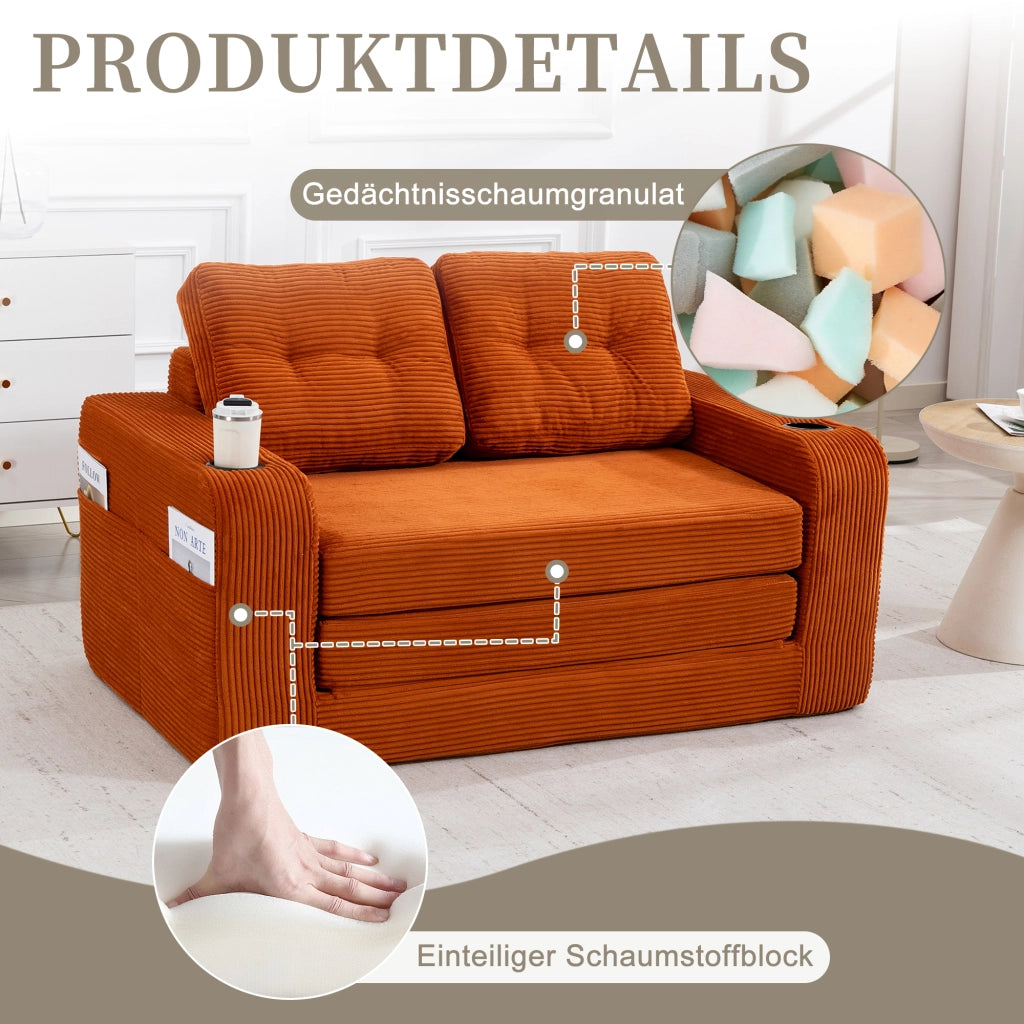 divano modulare 2 posti convertibile con portabicchieri e tasche laterali in velluto a coste arancione 136 Ã— 80 Ã— 82.5 cm
