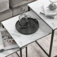 Set di 3 Tavolini da Salotto, Effetto Marmo con Struttura in Acciaio, Bianco