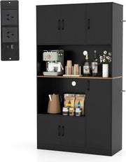 Armadio Dispensa Alto 180 cm, Credenza da Cucina con Presa di Corrente e 4 Ante, per Cucina, Sala da Pranzo e Soggiorno, 100 x 40 x 180 cm (Nero)