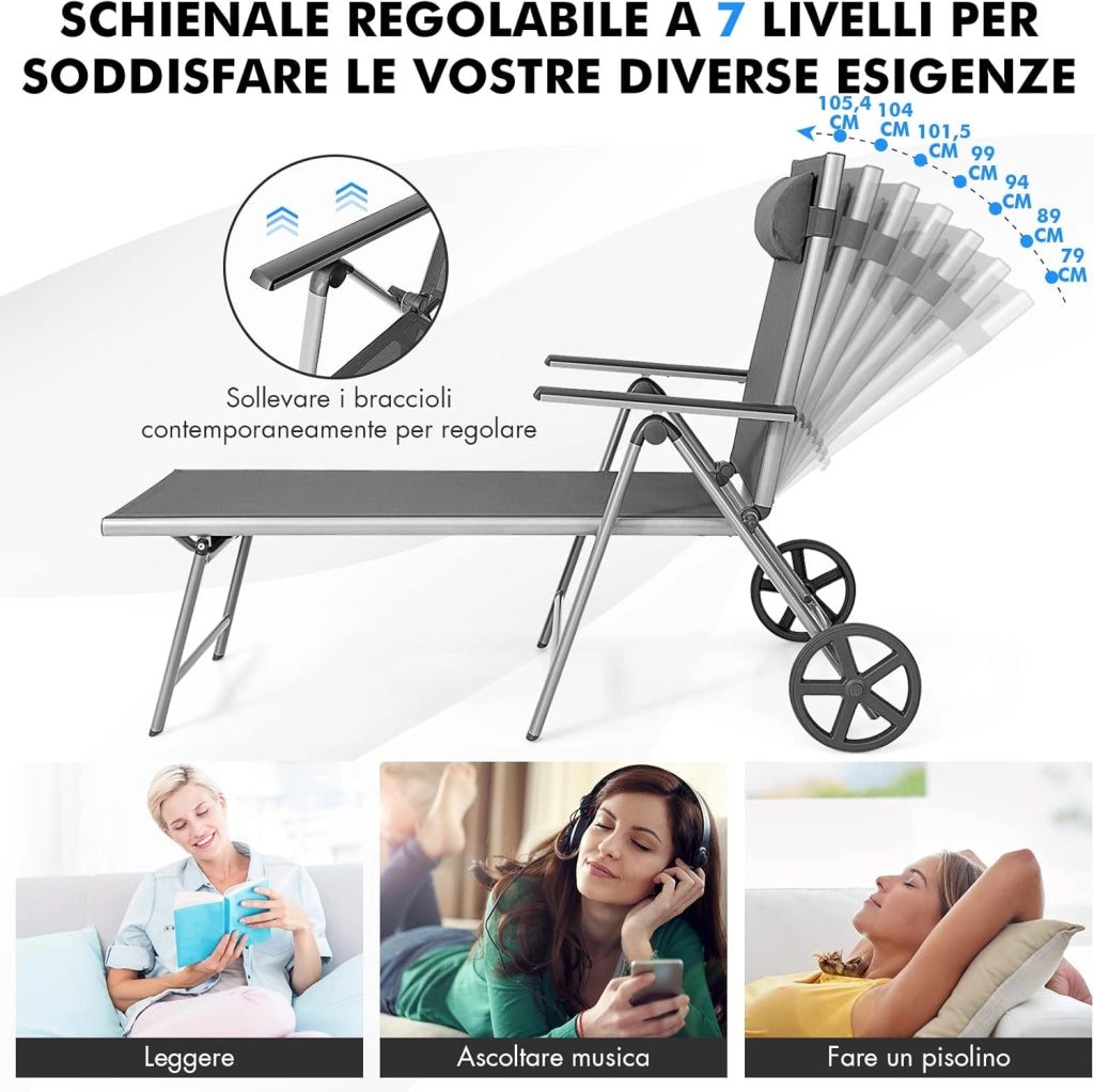 Lettino Prendisole Pieghevole, Sedia a Sdraio da Esterno in Alluminio con Ruote, con Schienale Regolabile in 7 Posizioni e Poggiatesta Rimovibile, Nero