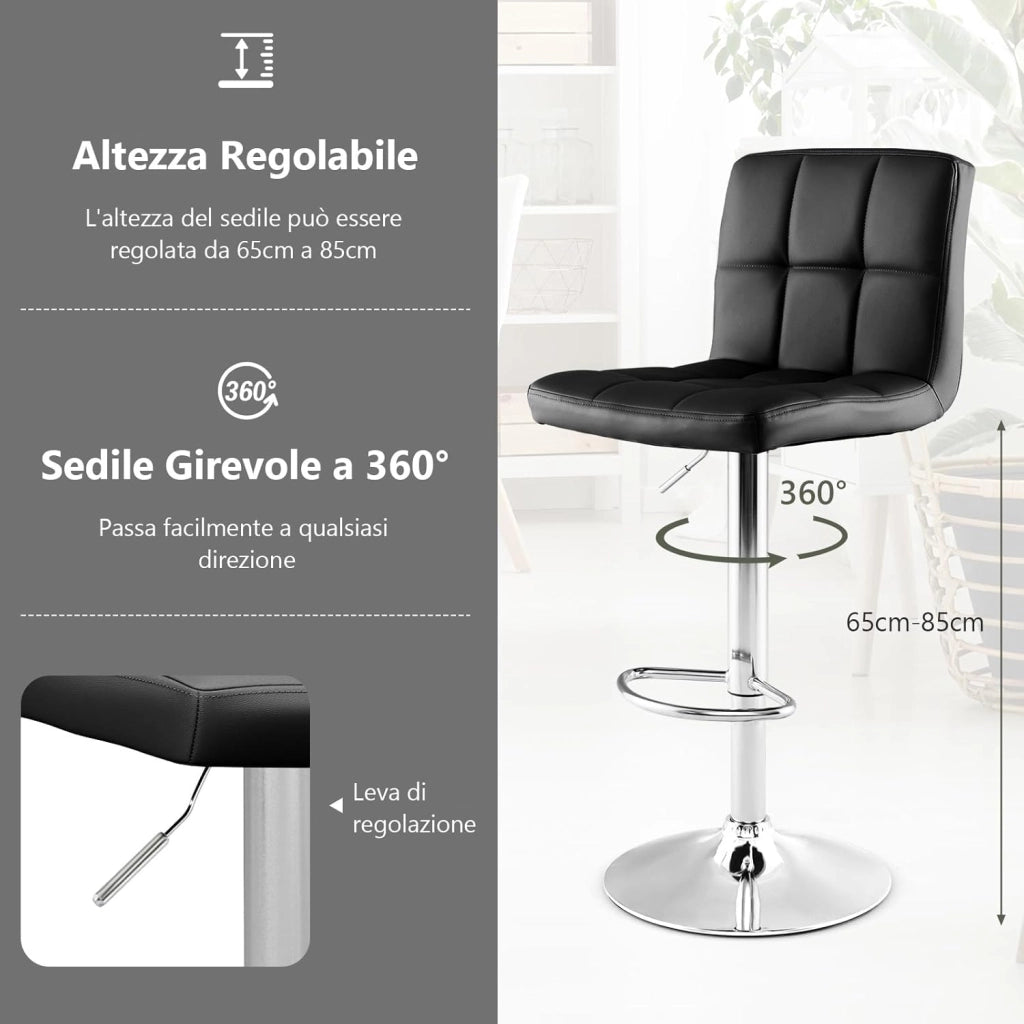 Set Sedie da Bar in Ecopelle con Altezza Regolabile, Seduta Girevole a 360°, Poggiapiedi e Base Metallica Antiscivolo, Sgabelli da Pranzo per Isola Cucina Bar, Portata 150 kg (Nero,2)