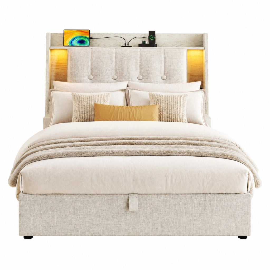 Letto imbottito 90x200 cm con LED, USB e USB-C, vano contenitore, in lino beige