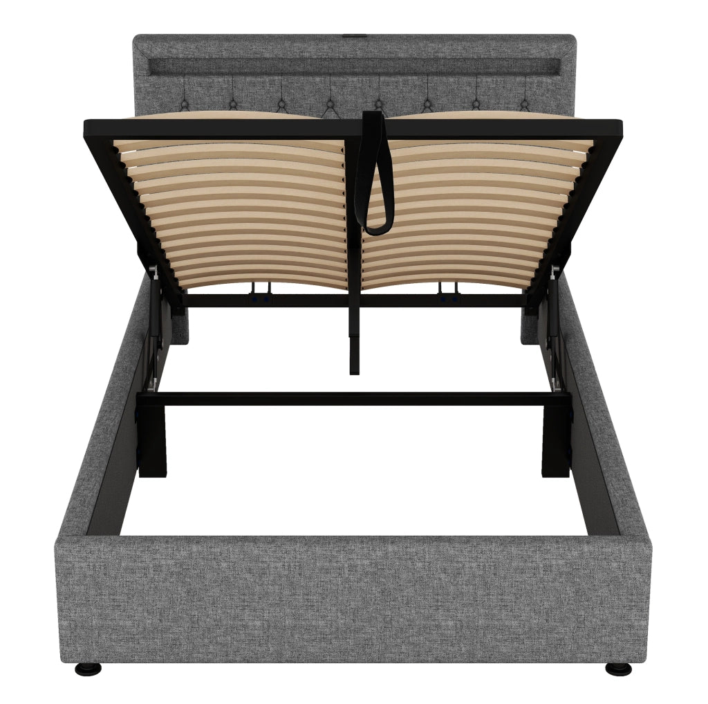 Letto imbottito 140x200 cm; LED e vano contenitore; lino grigio