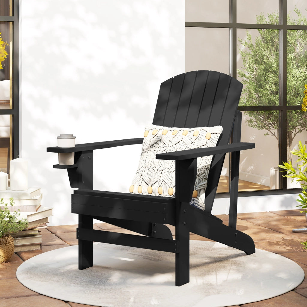 Sedia da giardino Adirondack con portabicchieri; sdraio da giardino; sedia da balcone in legno massiccio; nero 72 x 95 x 93 cm