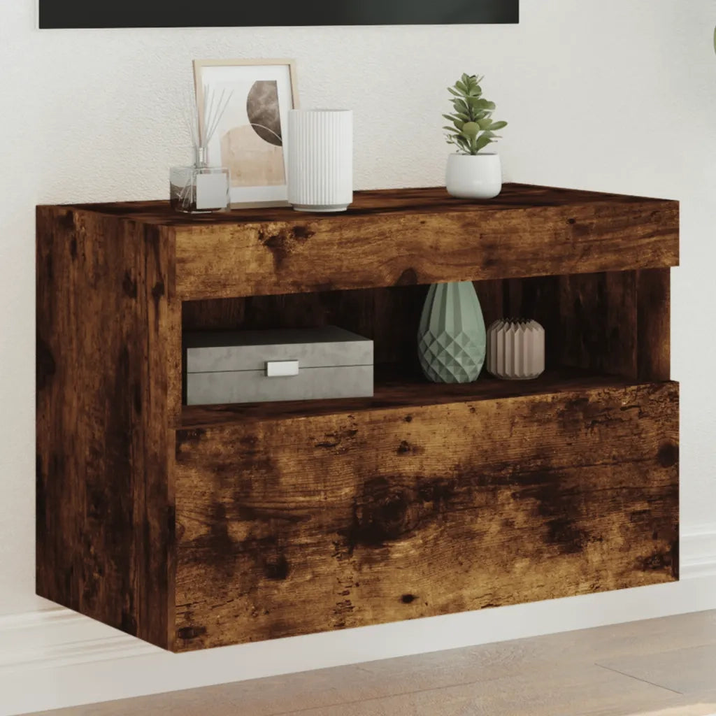 Mobile TV a Parete con Luci LED Rovere Fumo 60x30x40 cm 837191