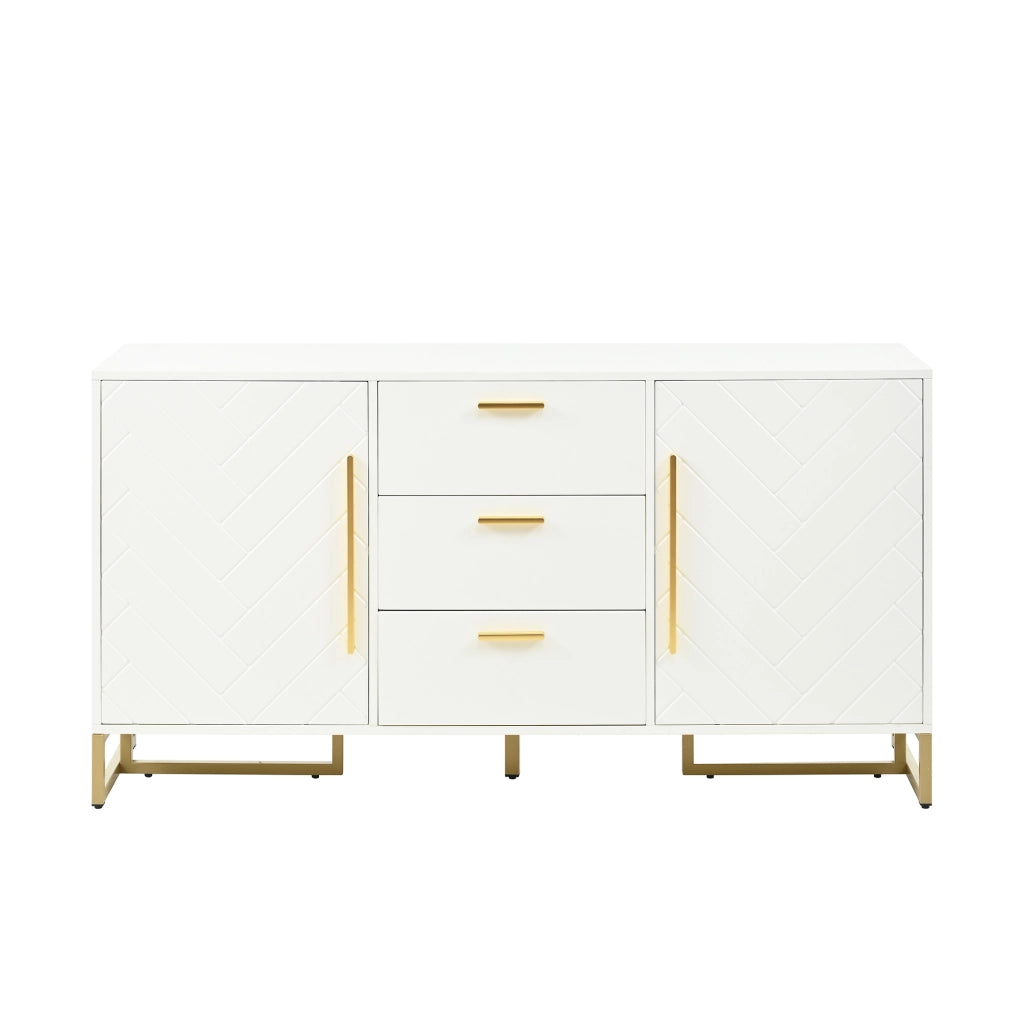 Credenza elegante in bianco - Zephmum- Motivo a spina di pesce, 2 ante, 3 cassetti