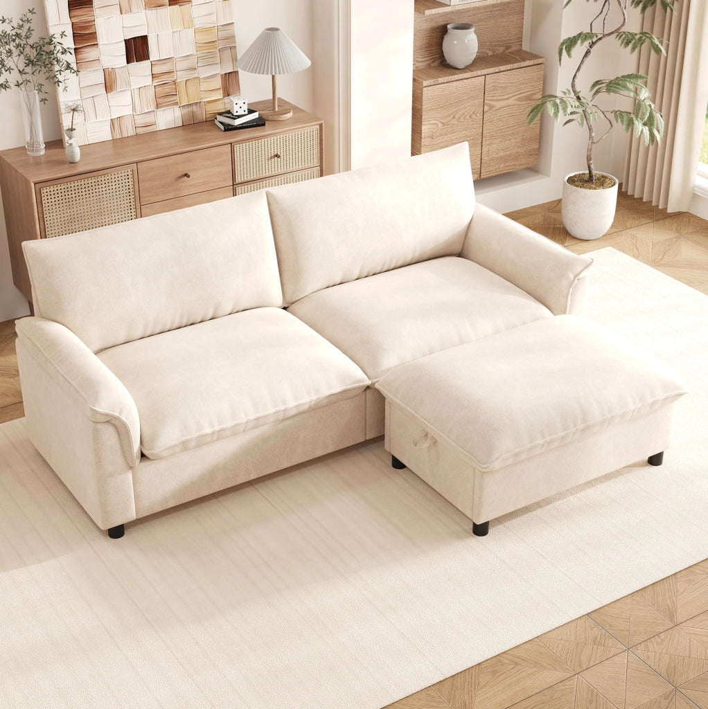 Divano con pouf contenitore e funzione letto; chenille beige; 216x77x82 cm