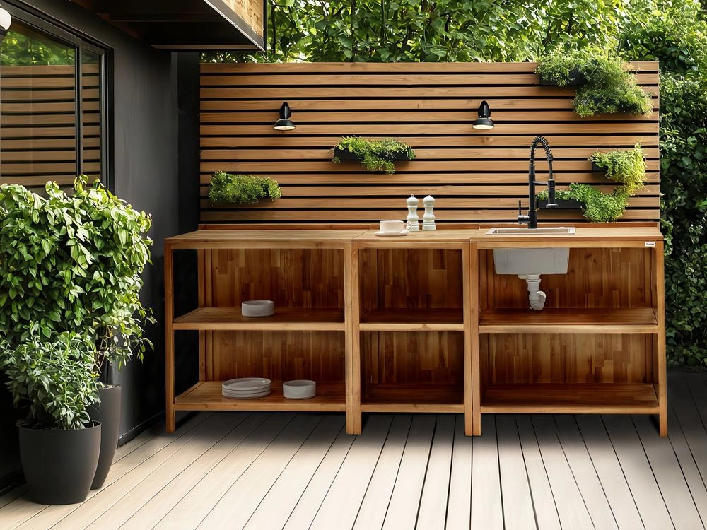 Set da cucina per esterni con lavello e rubinetto Legno di acacia marrone e nero Unità di scaffali in acciaio inox