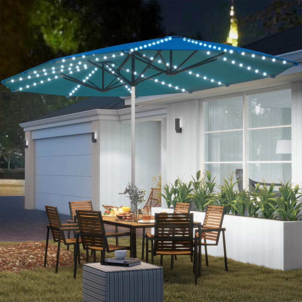 Ombrellone doppio con luci solari ¨C zephmum ¨C Blu, Poliestere, Alluminio