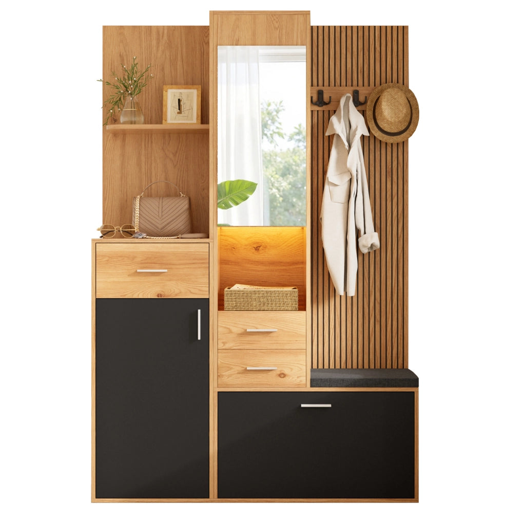 Garderoba da ingresso 120x32x178 cm con specchio; panca e illuminazione LED in MDF; nero e naturale