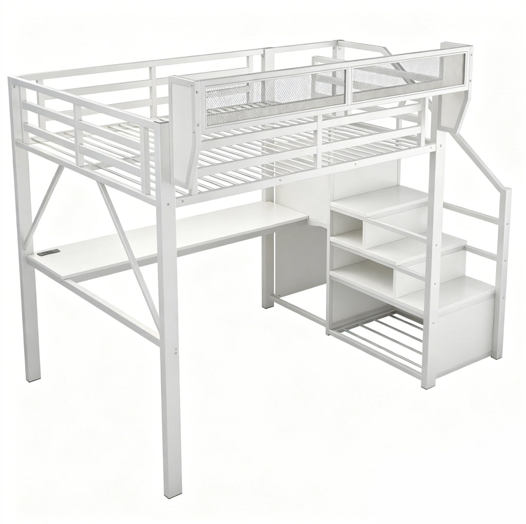 Letto a soppalco 140x200 cm in metallo bianco con scrivania; LED; scala e scaffale regolabile