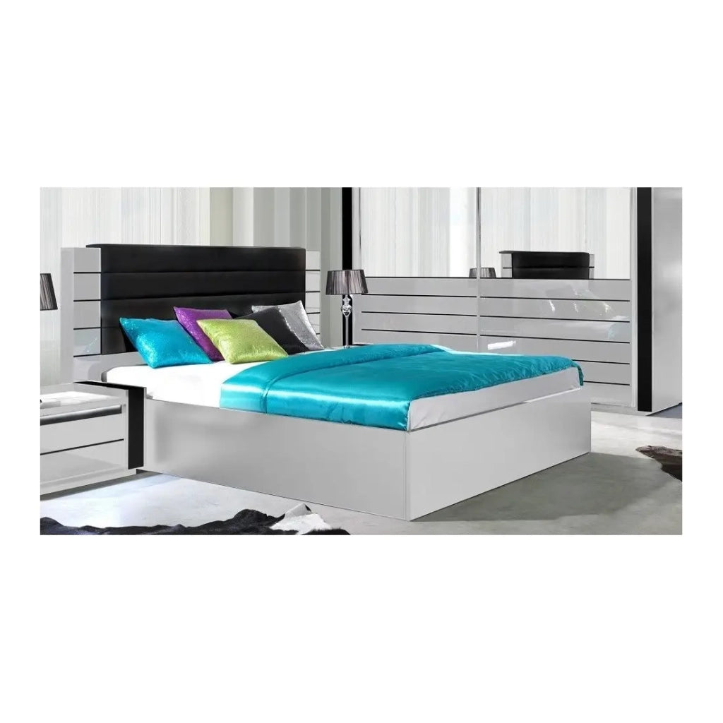 Letto LINA bianco e nero lucido 160x200 con testiera in similpelle - Rete inclusa