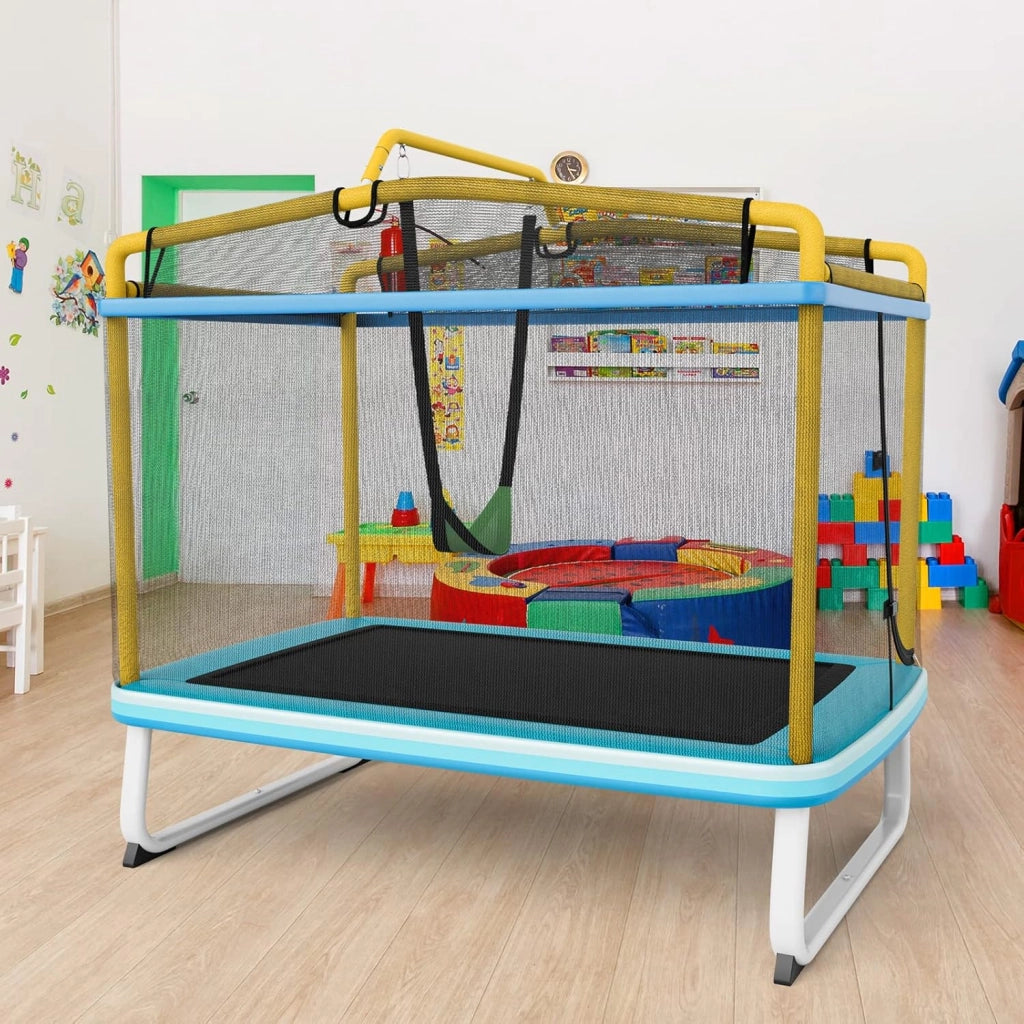 Trampolino per Bambini 3-8 Anni, Tappeto Elastico Bambini 3 in 1 con Altalena Rimovibile e Barra Orizzontale, Saltarello da Esterno e Interno, Portato 110 kg, 190 x 124 x 172 cm