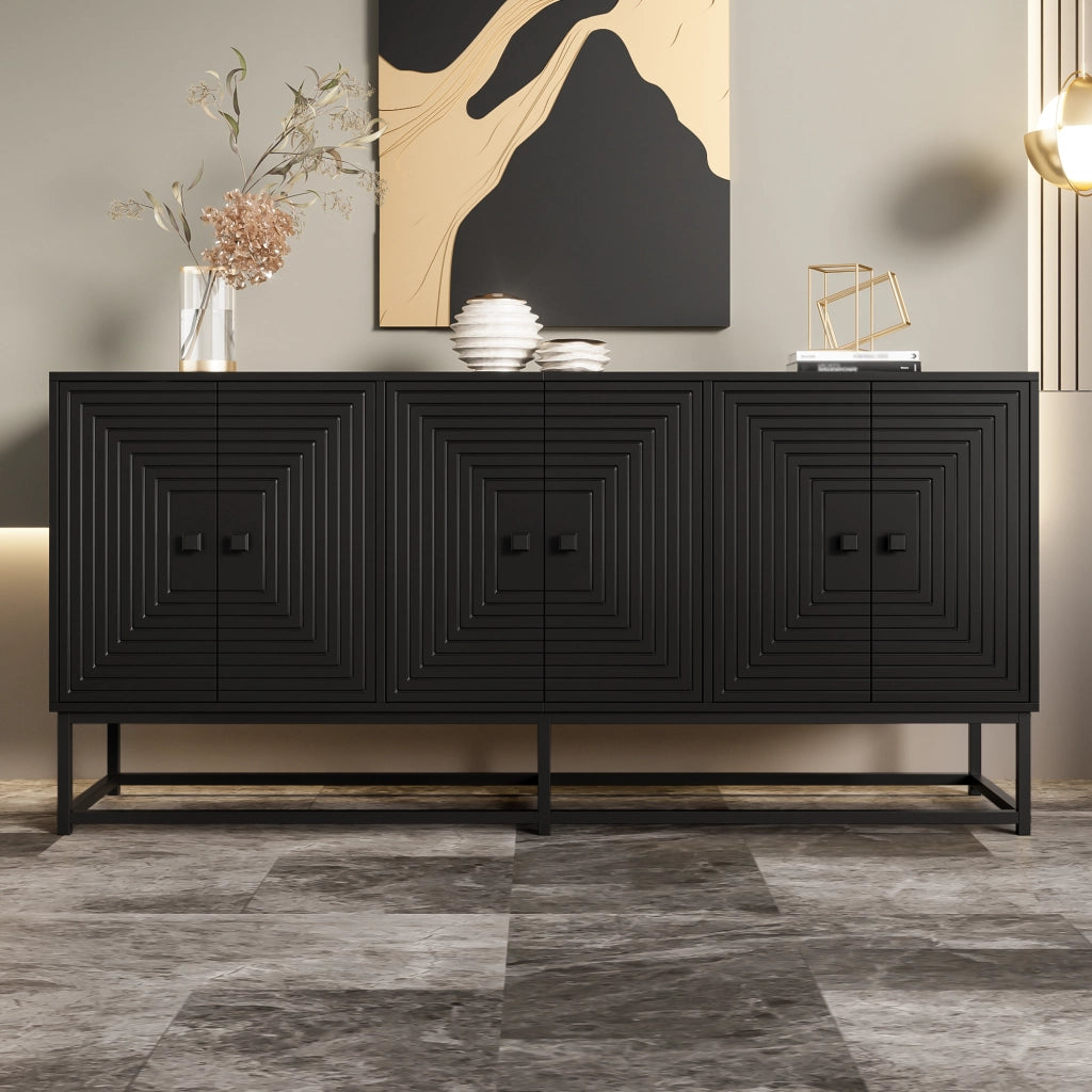 OKWISH Credenza Contenitore con 3 Vani Chiusi, Finitura Opaca e Ante in Rilievo, per Soggiorno o Ufficio, Nera, 160 × 38 × 75,5 cm