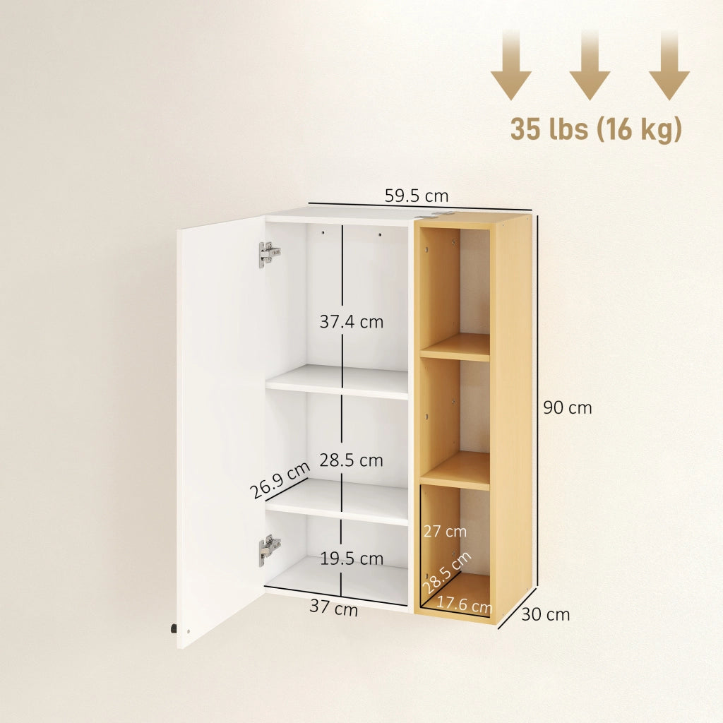 Armadietto Bagno a Parete 59,5x30x90 cm con Ripiani Regolabili e 3 Mensole Aperte Bianco e Legno
