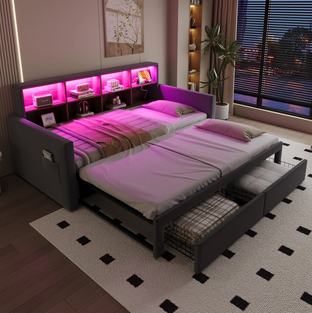 Letto imbottito estraibile 90x190 cm con contenitori, LED e prese