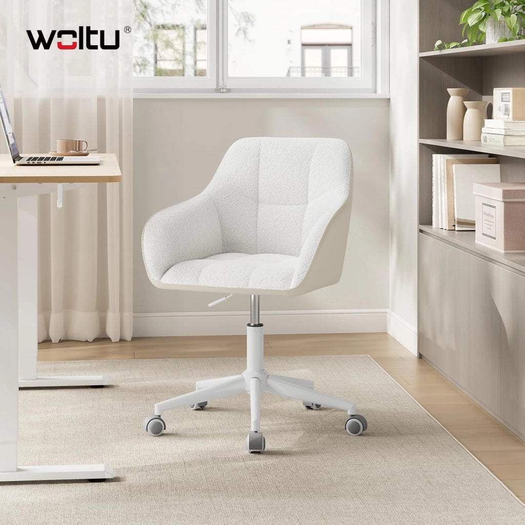Sedia Ufficio con Braccioli e Rotelle, Poltroncina Regolabile in Altezza Girevole, Sedia da Trucco, Bouclé + PU, Crema+Grigio BS175grcm