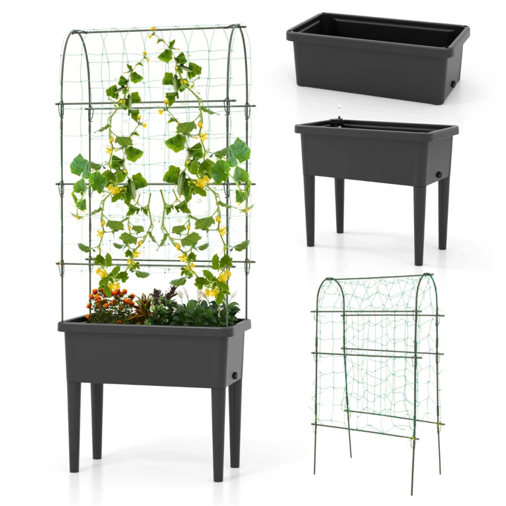 Set di fioriere rialzate con traliccio 76 x 37 x 189 cm irrigazione automatica design ergonomico nero 20_0019445