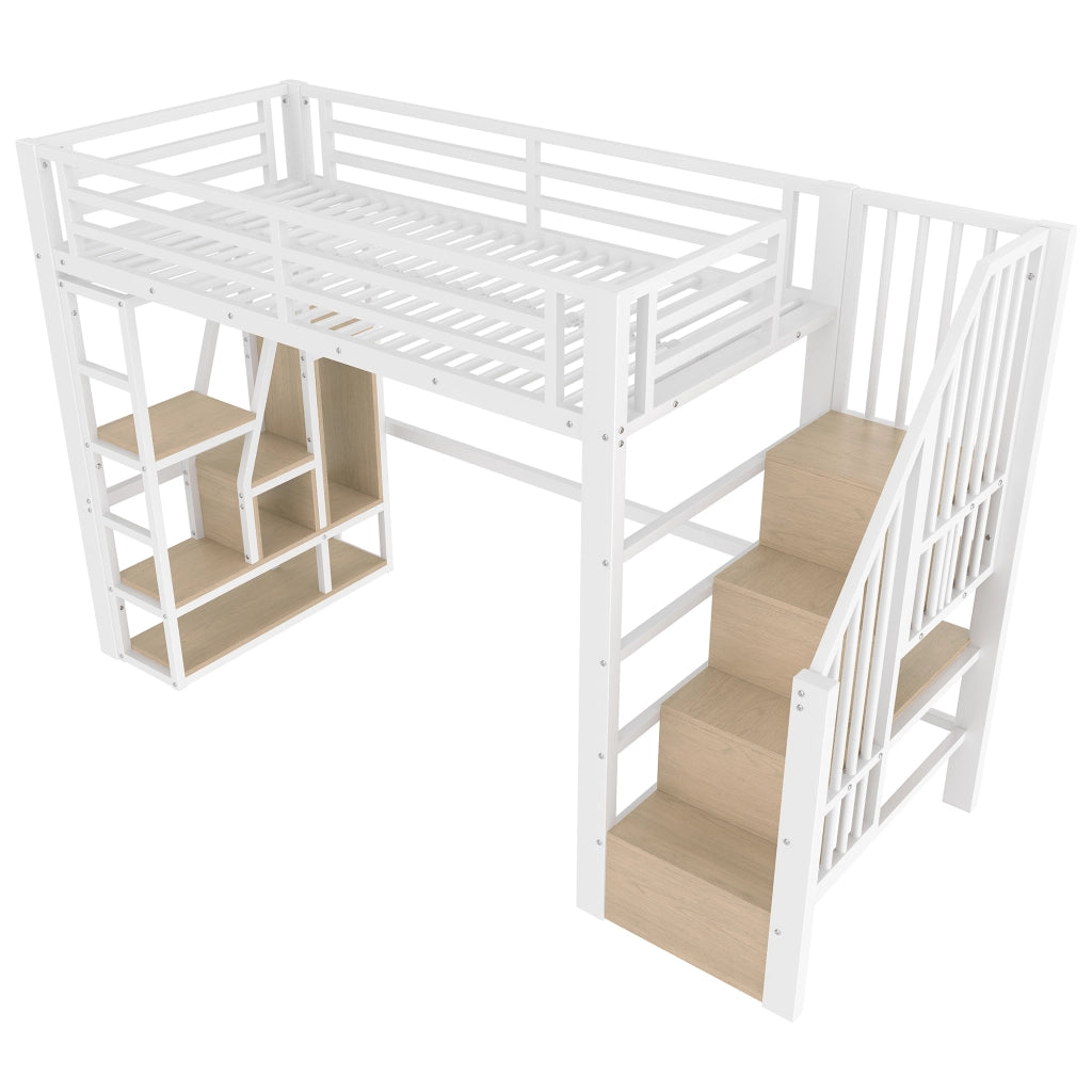 Letto a soppalco 90 × 200 cm 1 posto con LED; mensole e scaletta contenitore; senza materasso; in metallo e MDF bianco
