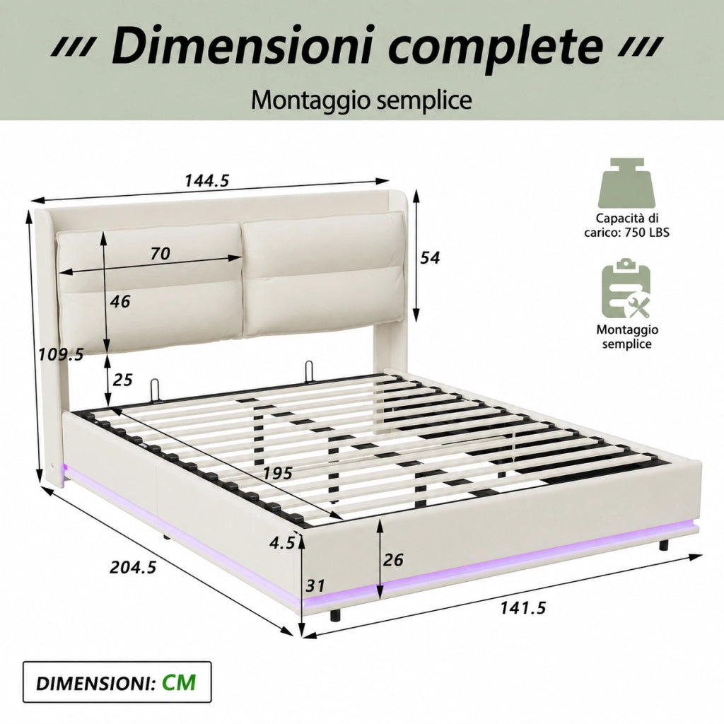 Letto contenitore 140x200 cm velluto beige, testiera imbottita, ricarica wireless, USB‑C e USB, luci RGB‑LED con telecomando, meccanismo idraulico