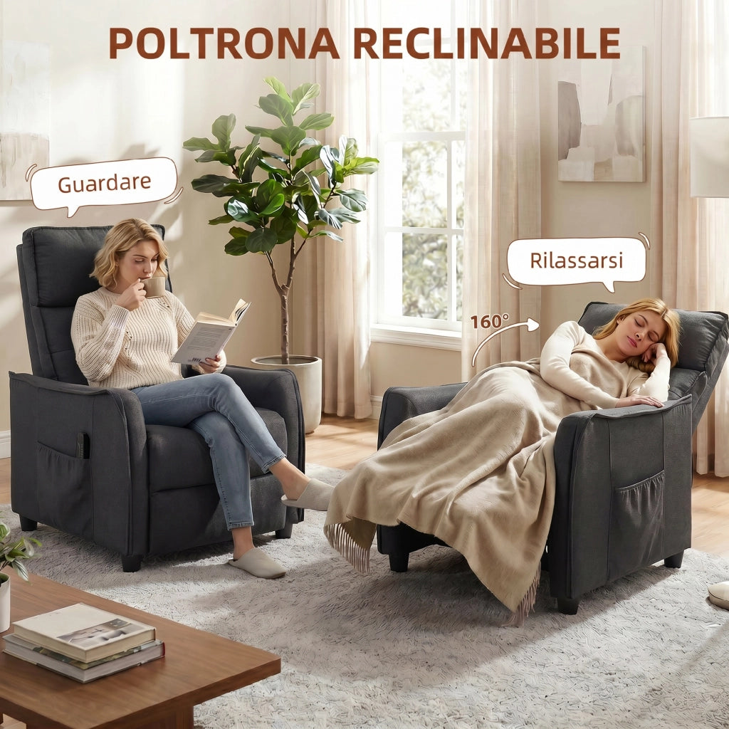 Poltrona Massaggiante  69x93x104 cm Reclinabile a 160° con Poggiapiedi e Telecomando Effetto Lino Grigio Scuro