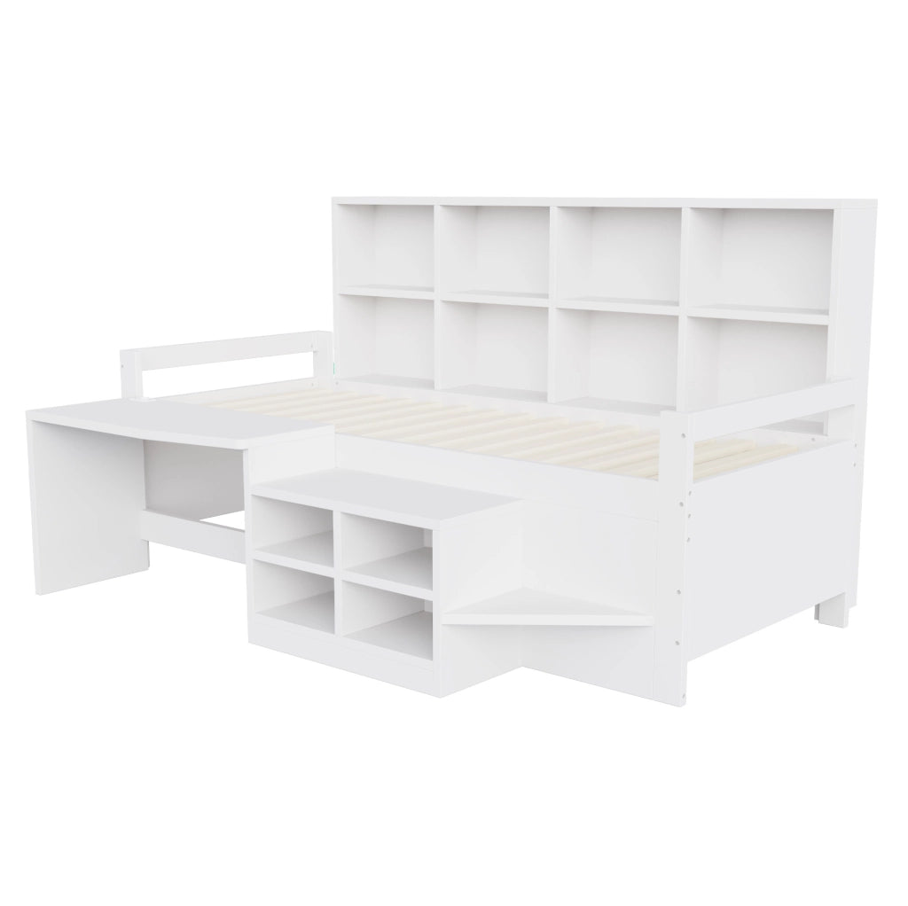 Letto multifunzionale 90x200 cm con scrivania; contenitori; LED e scala; bianco