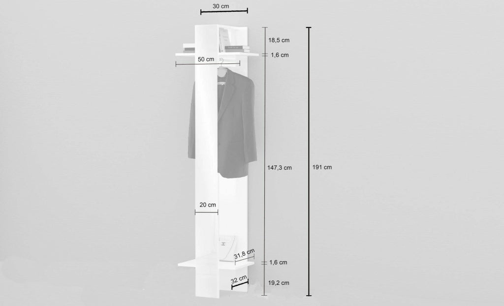 Mobile da ingresso Maura, Armadietto multifunzione, Appendiabiti da parete con specchio, 50x35h190 cm, Bianco