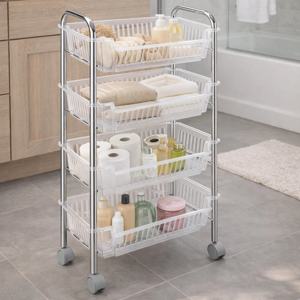 Carrello Portafrutta con 4 Cestelli Cestino in Plastica e Struttura in Metallo
