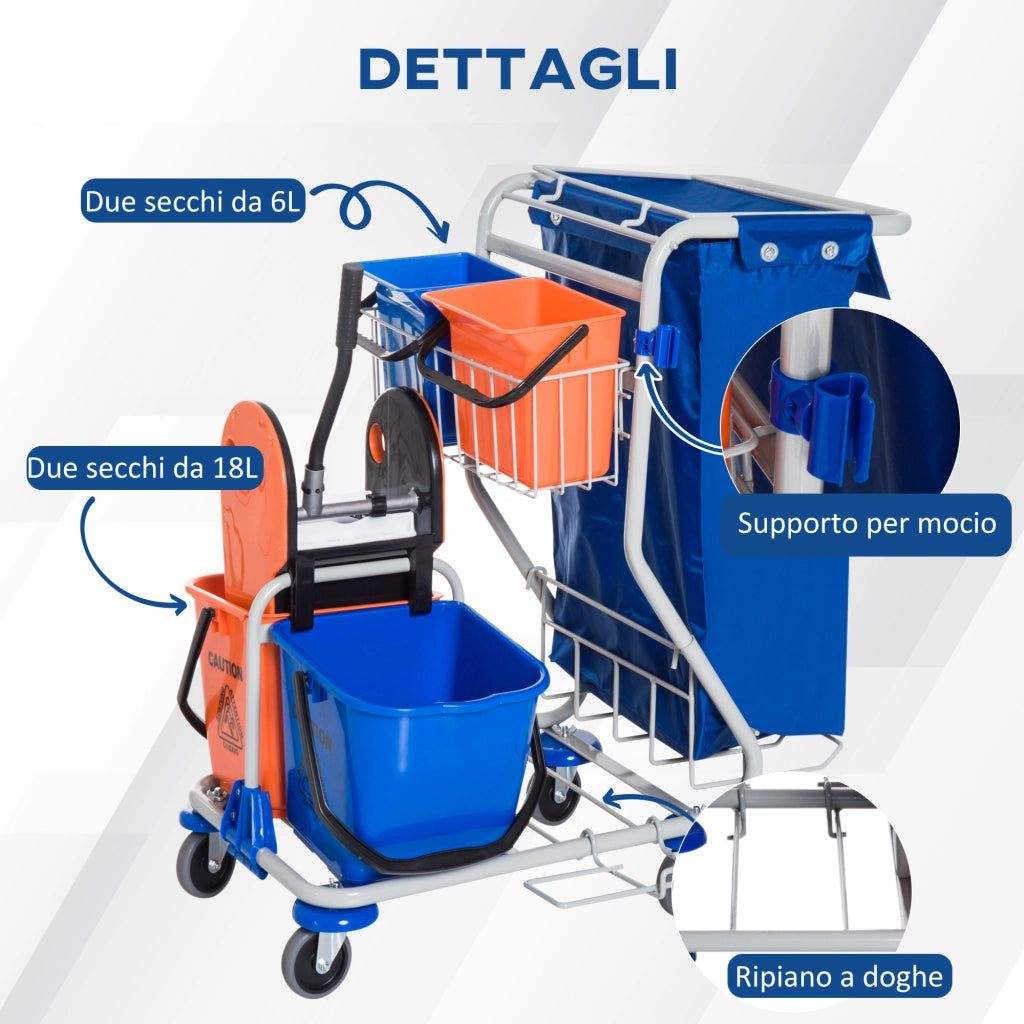 EasyComfort Carrello Pulizie Professionale con Sacco per Immondizia, 2 Secchi Lavapavimenti 18L, 2 Secchio Portaoggetti 6L, Strizzatore per Mocio, Gancio e Ruote per Hotel e Albergo, 93x80x97 cm, Arancione
