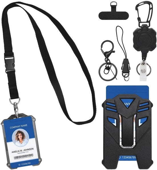 ID-kaarthouder con attaccapentole - portacarte per 2-3 carte - cordino retrattile in acciaio - polycarbonato - 15 x 10 x 2 cm - nero