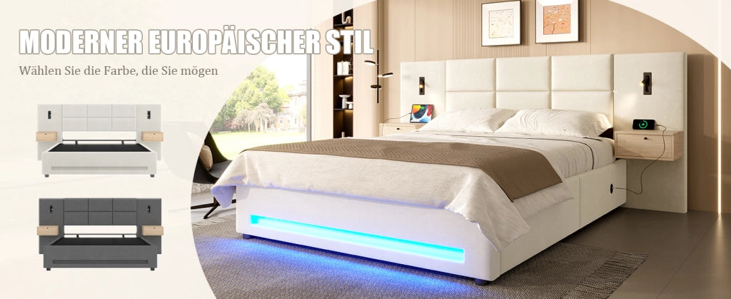 Letto imbottito 160x200 cm in velluto beige con testiera contenitore, USB-C, luci LED e vano salvaspazio