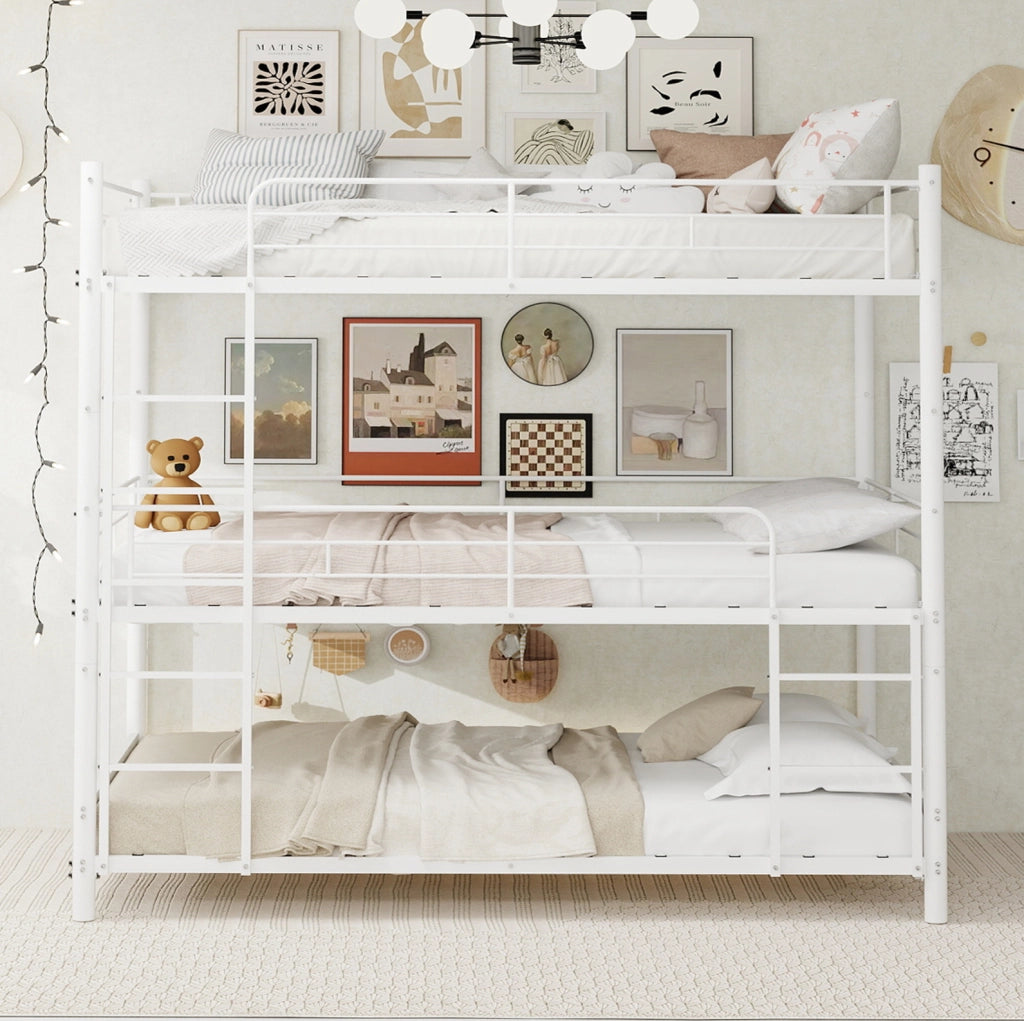 Letto a castello a tre posti 90x190 cm con due scale integrate in ferro bianco