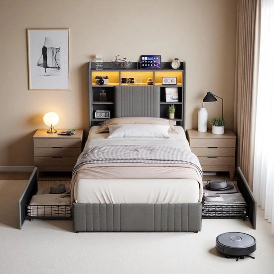 Letto singolo 90x200 cm con illuminazione LED - Struttura del letto con 2 cassetti - Lenzuola - Cuscino - Funzione di ricarica - Montaggio richiesto