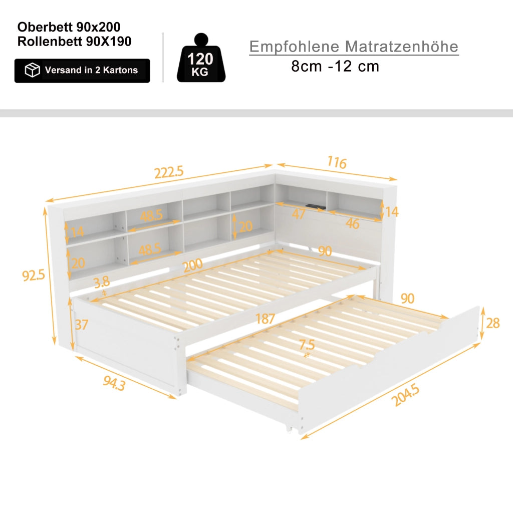 Divano letto multifunzionale con letto estraibile 90x200 cm; USB; bianco