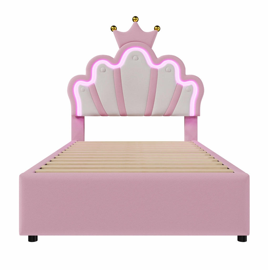 Letto imbottito 90x200 cm; testiera regolabile e luci LED; PU rosa (Senza materasso)