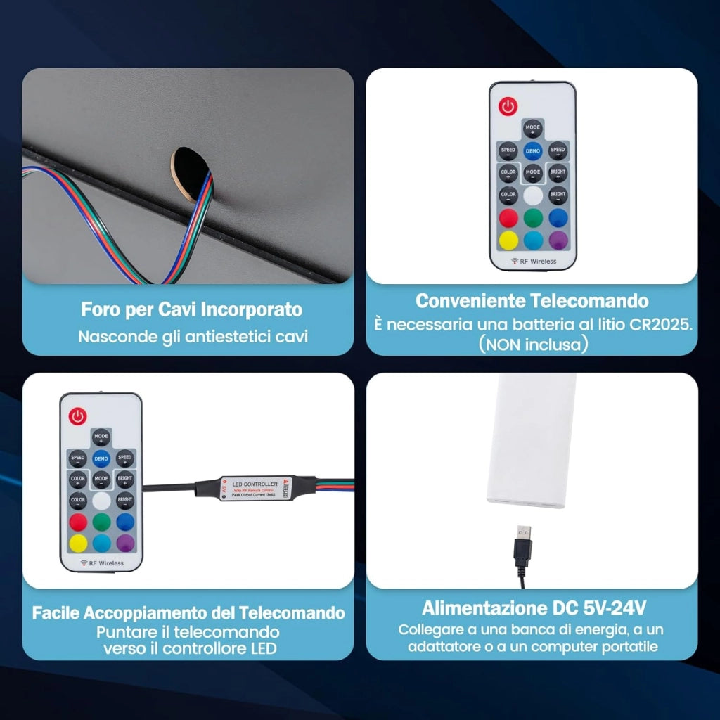 Comodino con Luci LED 50x40x58cm, Tavolino Camera da Letto Moderno con 2 Cassetti, Mobile Cameratta con Telecomando per Soggiorno e Ufficio (Nero)