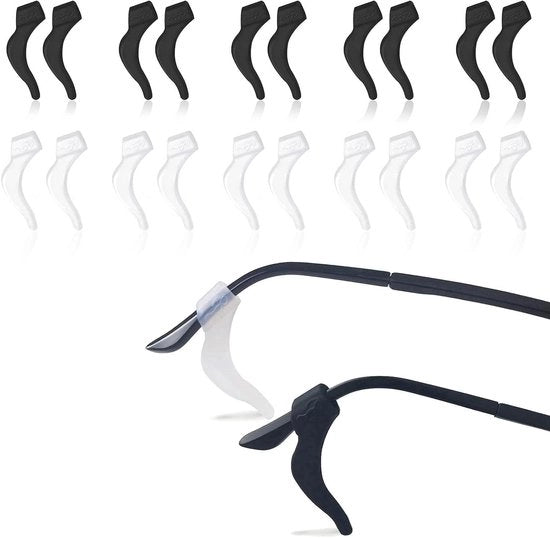 Supporti antiscivolo per occhiali - 10 paia di montature orecchiali in silicone con fermaglio antiscivolo per attività all'aperto (5 paia neri, 5 paia bianchi)