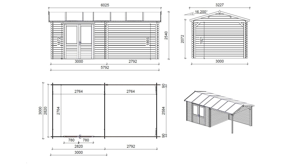 Casetta da giardino in legno - 17.4m2 - 5.79x3m - 28mm - colore: naturale - DOM639 - ALTANKA