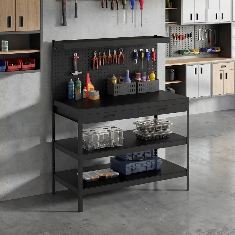 Banco da lavoro ULEVR 122x61x156 cm con 2 cassetti, pannelli forati e ripiani regolabili, nero