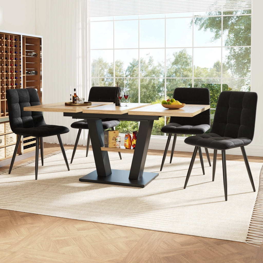 Tavolo da pranzo allungabile con 4 sedie, struttura in MDF e metallo, nero e naturale, 118 × 70 × 75 cm