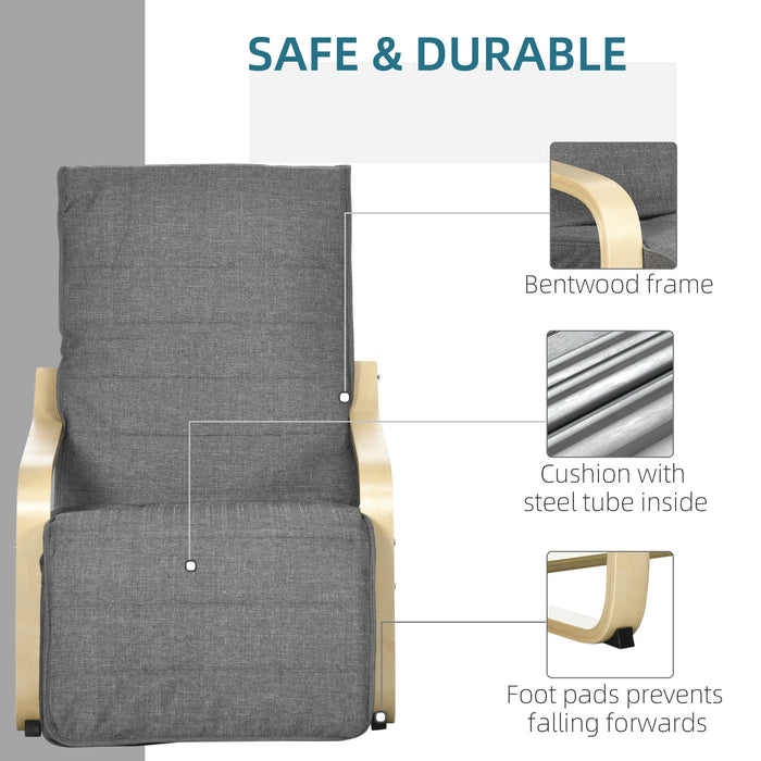 Poltrona Relax con Poggiapiedi a 5 Livelli e Poggiatesta in Legno di Betulla e Tessuto Grigio