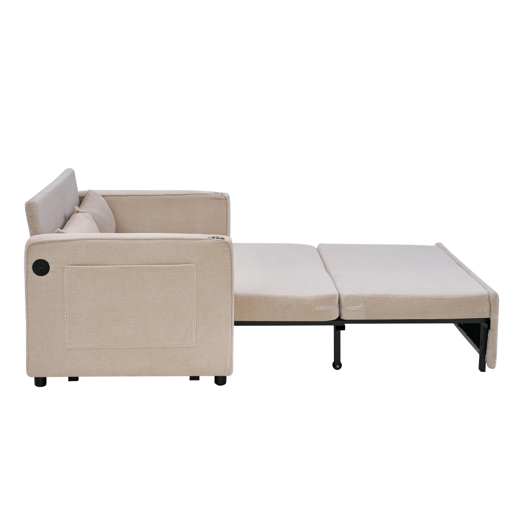 Divano letto 2 posti con trasformazione scorrevole e porte usb in legno e tessuto beige 195 × 134 × 73 cm