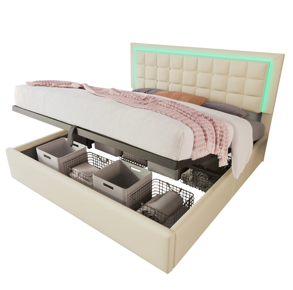 Letto matrimoniale imbottito 180x200 cm con LED, contenitore e rete a doghe