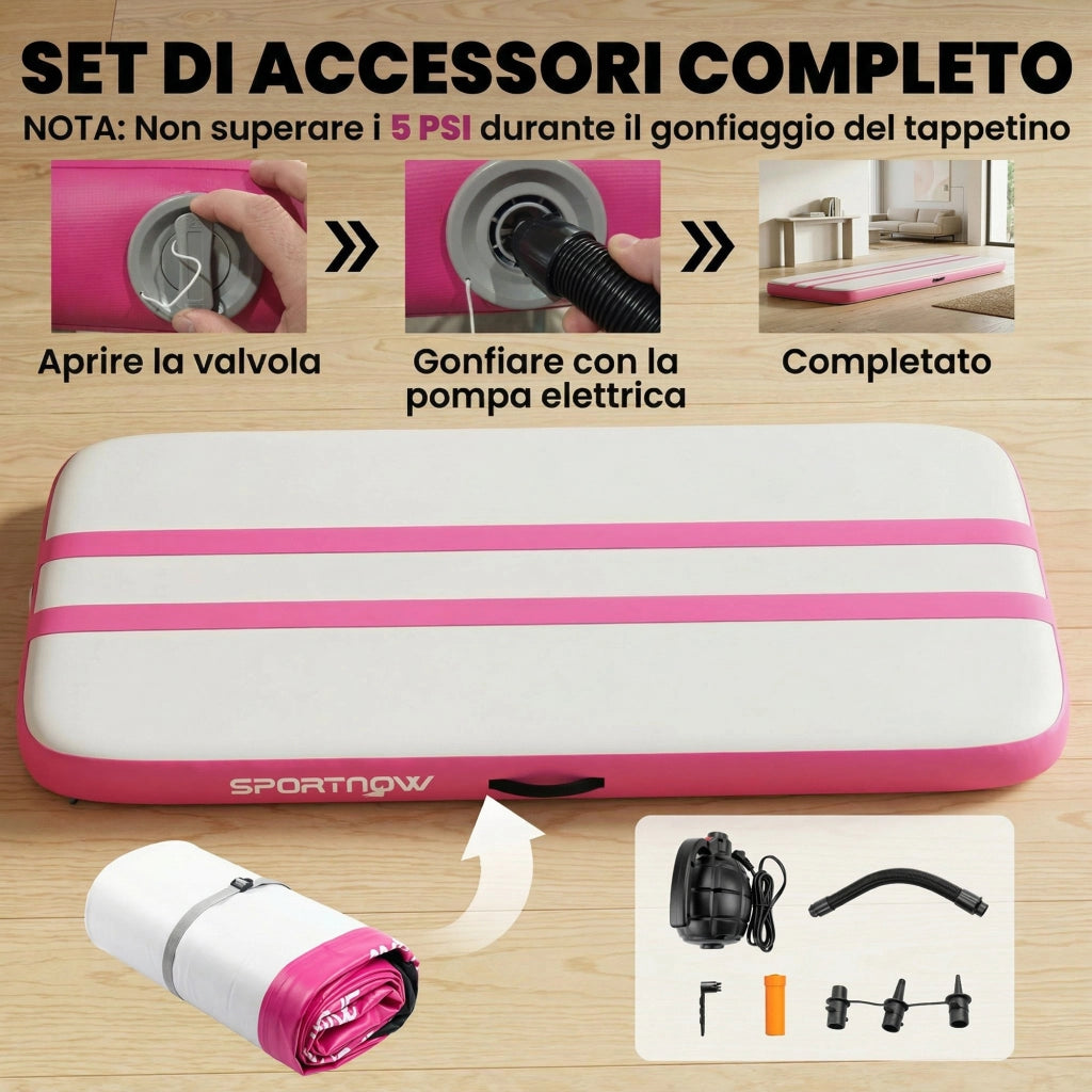 Tappetino Gonfiabile Ginnastica 205x102x10 cm con Pompa Elettrica e Borsa Trasporto in PVC Rosa