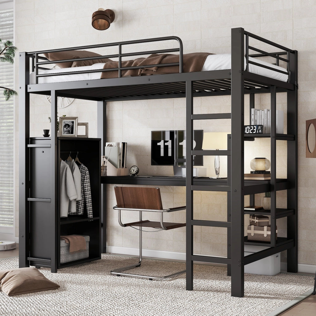LETTO A CASTELLO 90x200 cm Nero in Metallo con Scrivania e Armadio