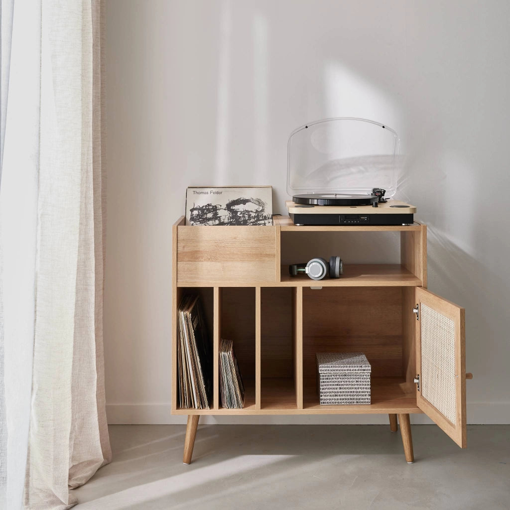 Mobile per vinili con decorazioni in canna e legno, marrone naturale