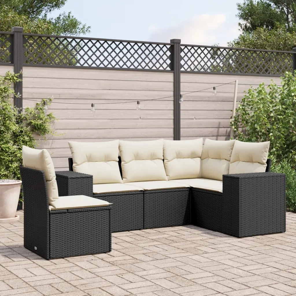 Set Divani da Giardino 5 pz | Set Salotto da Giardino con Cuscini in Polyrattan Nero
