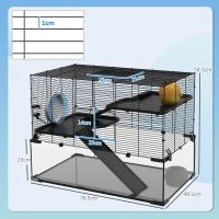 Gabbia per Criceti a 3 Livelli con Base in Vetro Temperato, Ruota e Accessori, 76.5x48.5x54.5 cm, Nero