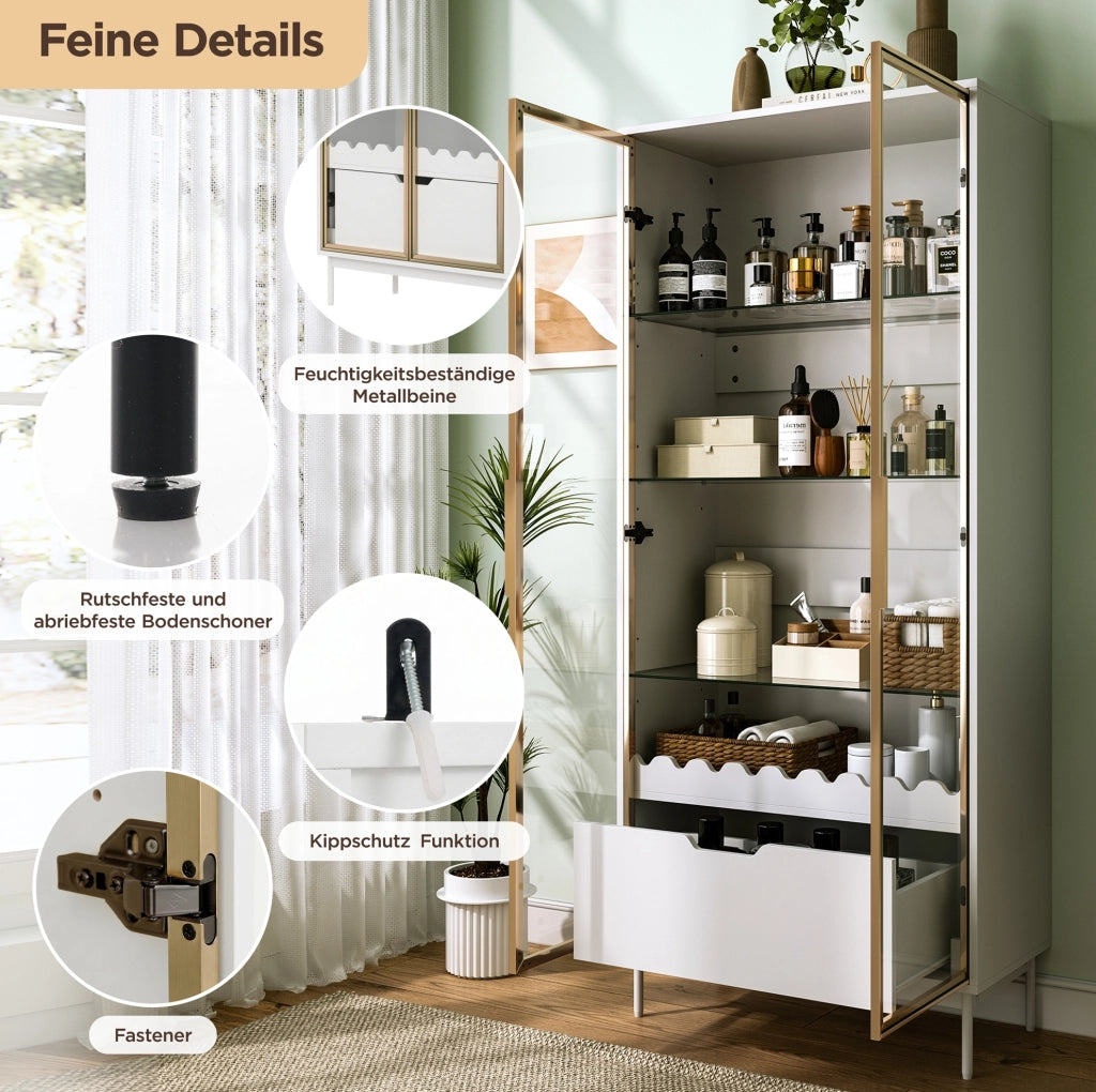 ARMADIO ALTO con ripiani regolabili, cassetto, Gold e White, MDF