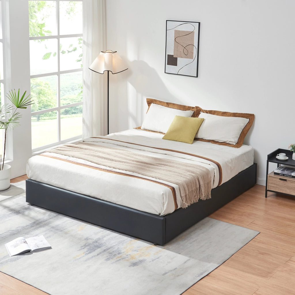 Letto Matrimoniale Contenitore Nola 180x200 cm con Materasso Apertura a Ribalta Rivestito in Similpelle - Nero [en.casa]